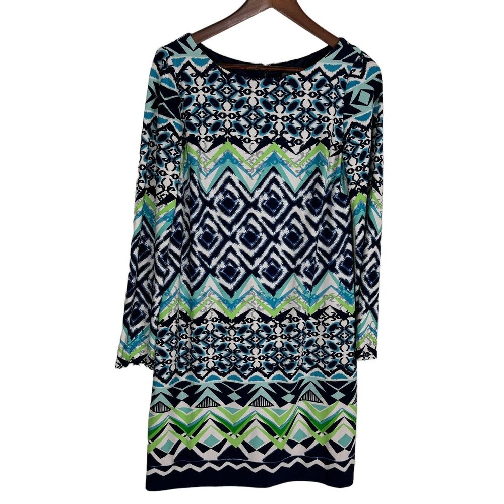 Vince Camuto Blue White Print Long Sleeve Shift Dress Women's 8